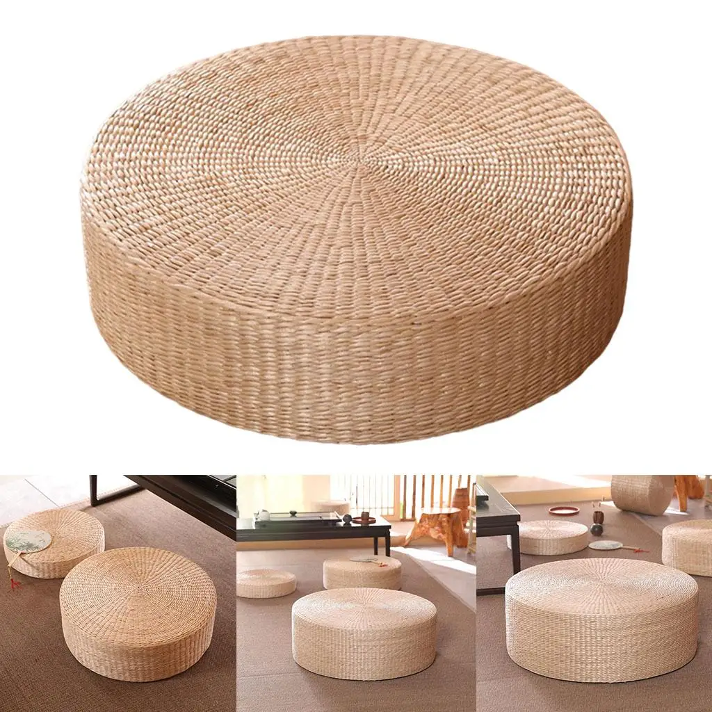 Straw Round Pouf Japanese Style Thicken Floor Cushion Straw Handcrafted Rattan Yoga Cushion Comfortable Living Room Decor