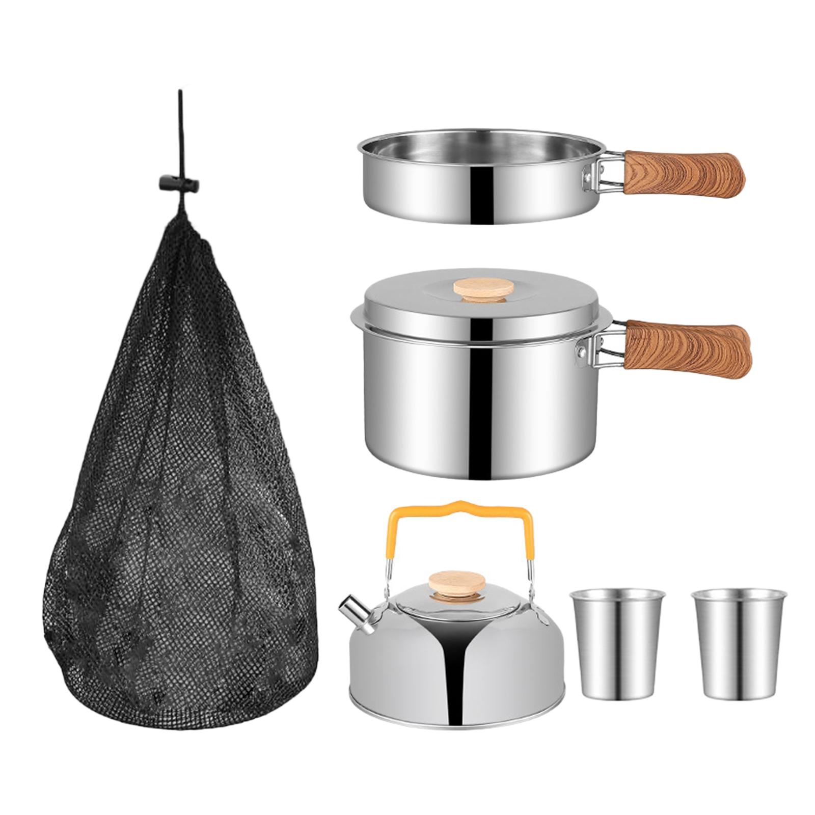 5 Pieces Camping Cookware Set Camping Pot and Pan Kettle Campfire Kettle with Carry Bag Outdoor Cook Gear for Picnic Trekking