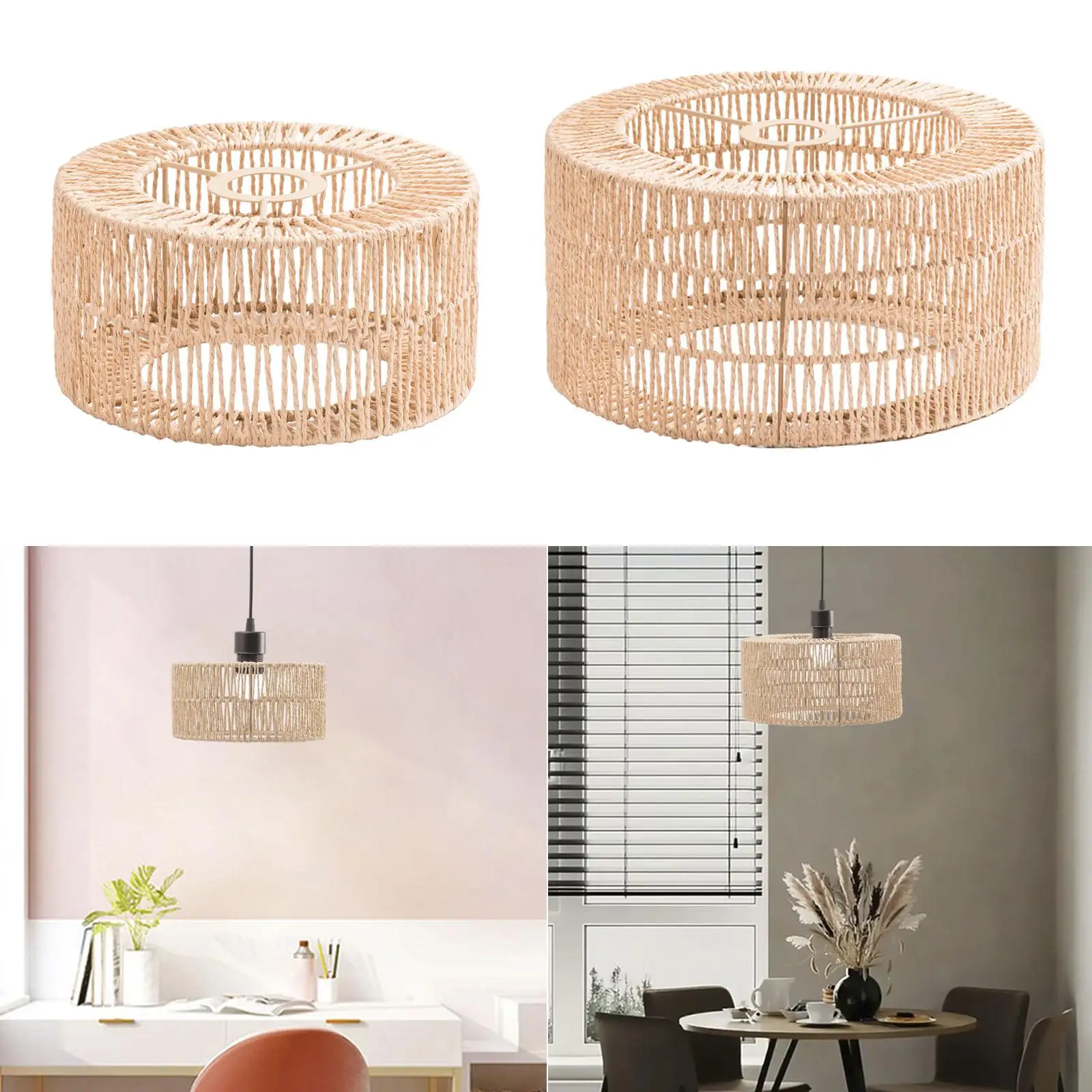 Paper Rope Lampshade Boho Rustic Pendant Light Cage Handwoven Lamp Shade for Teahouse Outdoor Bedroom Restaurant Kitchen Island