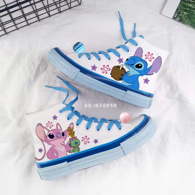 Disney-Lilo & Stitch sapatos de lona, desenhos animados bonitos, padrão  pequeno monstro, top alto, esportes, moda casual - AliExpress