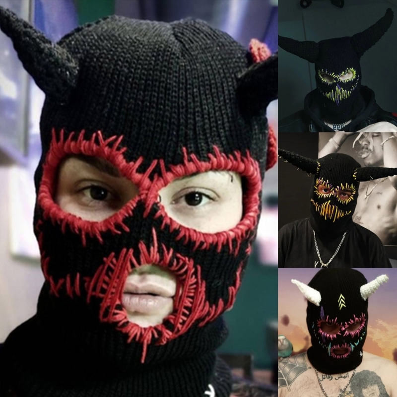 Frauen Gestrickte Kappen mit Teufel Hörner Halloween Horror Beanie Ski Maske für Männer – Detail 9