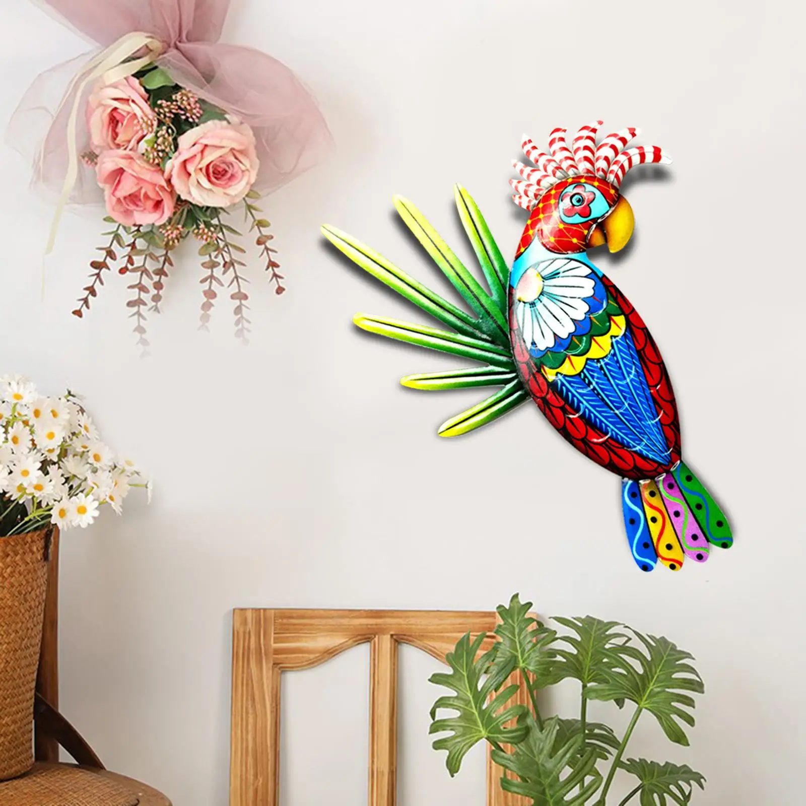 Metal Parrot Wall Art Decor Colorful Birds for Fence Kitchen Decoration