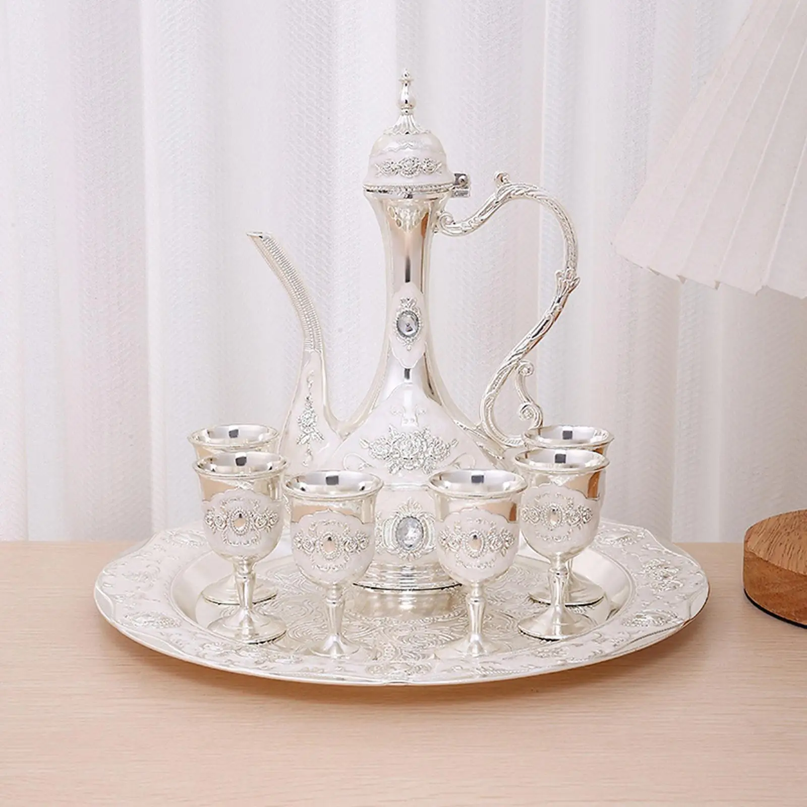 Metal Teapot Set and Tray Crafts with 6 Coffee Cup for Home Bar Tea Party Decor Birthday Gift