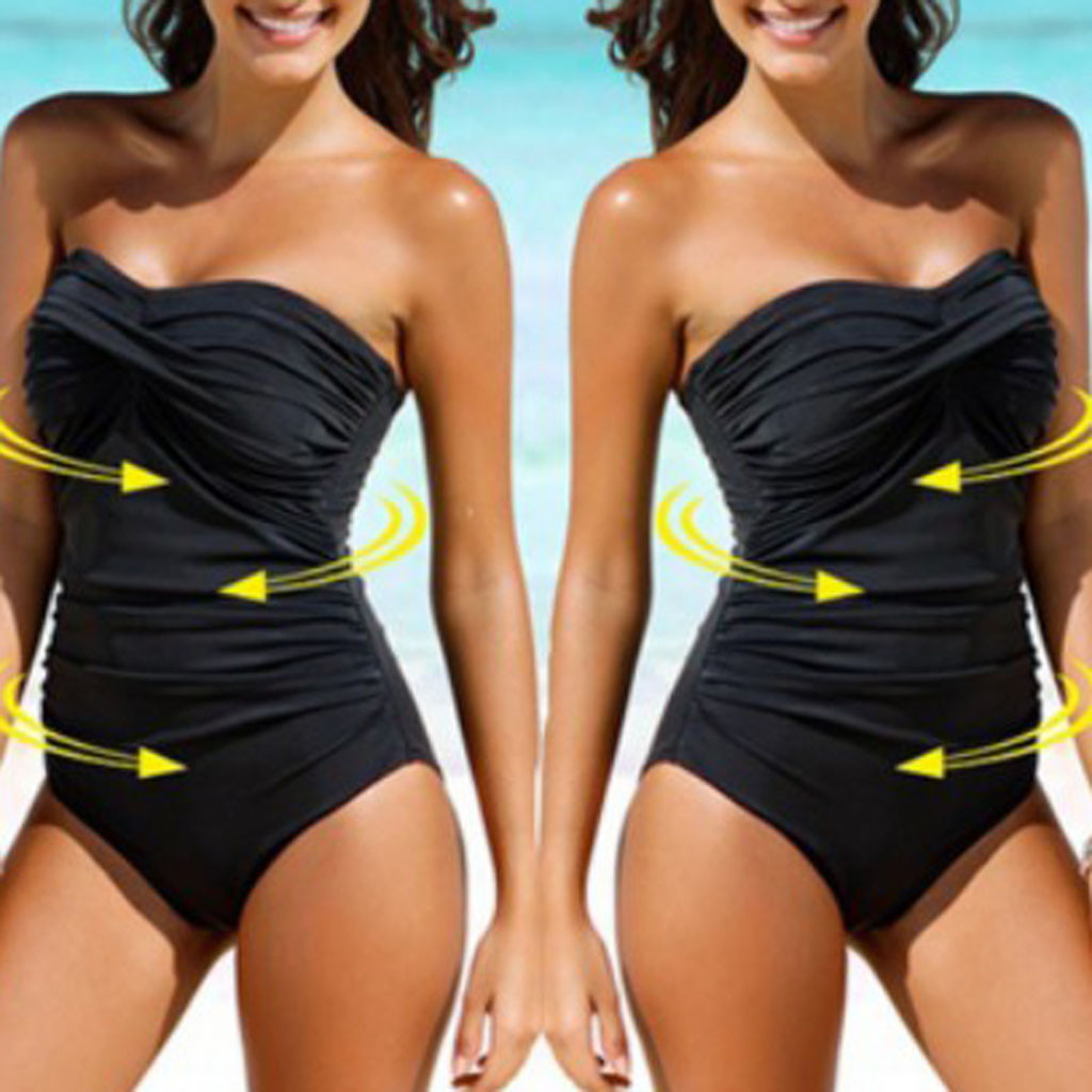 black strapless ruched swimsuit