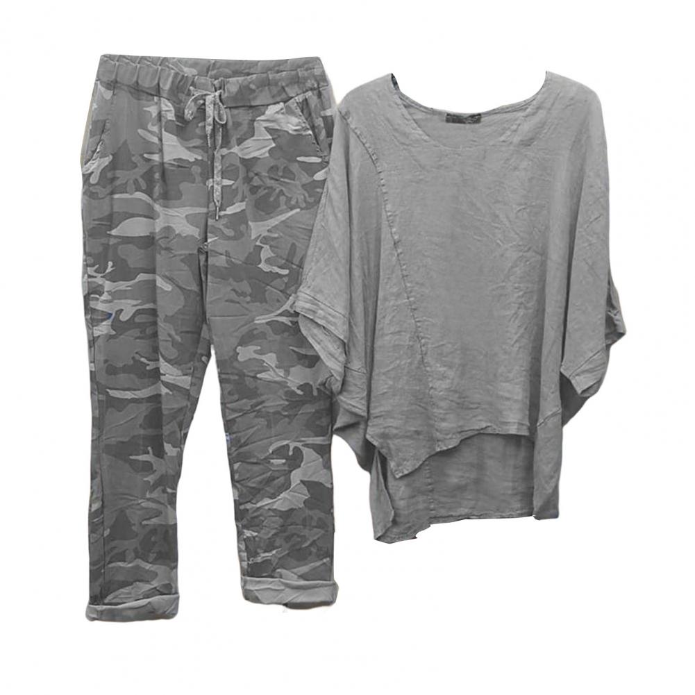 pçs calças femininas conjunto em torno do pescoço bat manga camiseta solta camuflagem imprimir roupa casual para uso diário