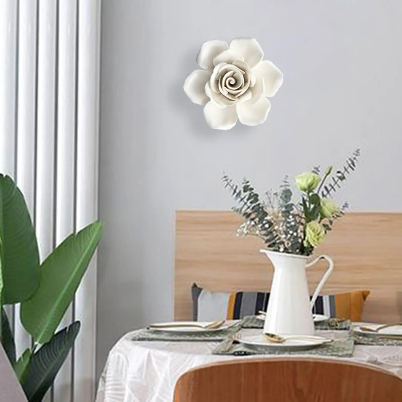Hanging Wall 3D Ceramic Flower White Wall Art 3D Home Decor Arts Sculpture Artificial Flower for Bathroom Garden Hallway Office