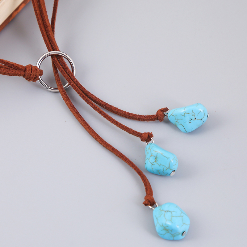 Bohemian Synthetische Türkis Halskette Lange Kette Quasten Halskette Handgemachte Vintage Y-förmigen Schmuck Braun Wrap Samt Halsband – Detail 5