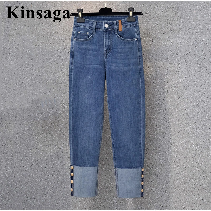 Designer Button Patchwork Cuffed Ankle Length Jeans Summer Streetwear Stretch Skinny Capris Indie Aesthetic Ripped Denim Pants