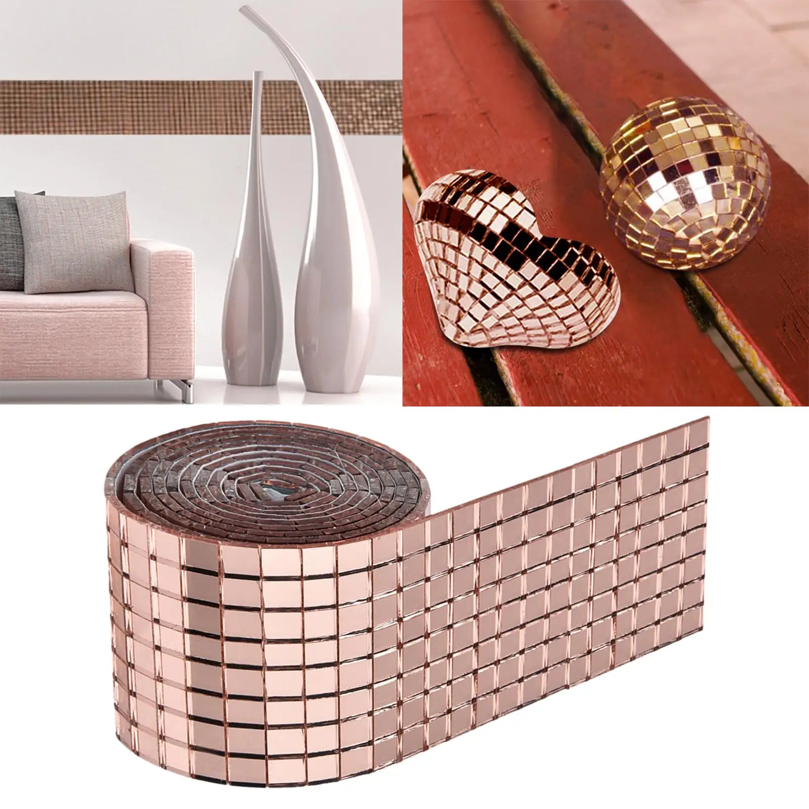1600x Mini Square Glass Mosaic Tiles Self adhesives Craft Decorative Rose Gold for Bathroom Entertainment Venues Party