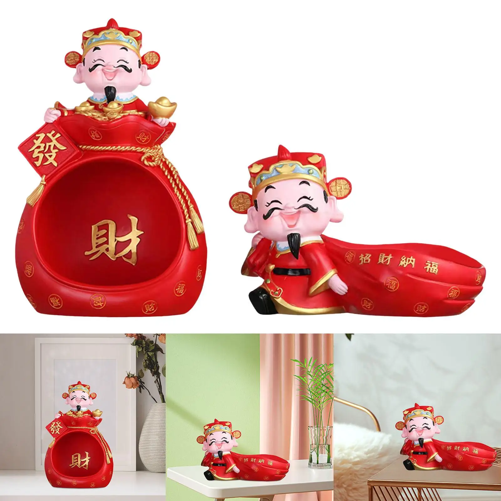 God of Wealth Statue Storage Bowl Resin Cai Shen Figurine for Living Room Home Decor