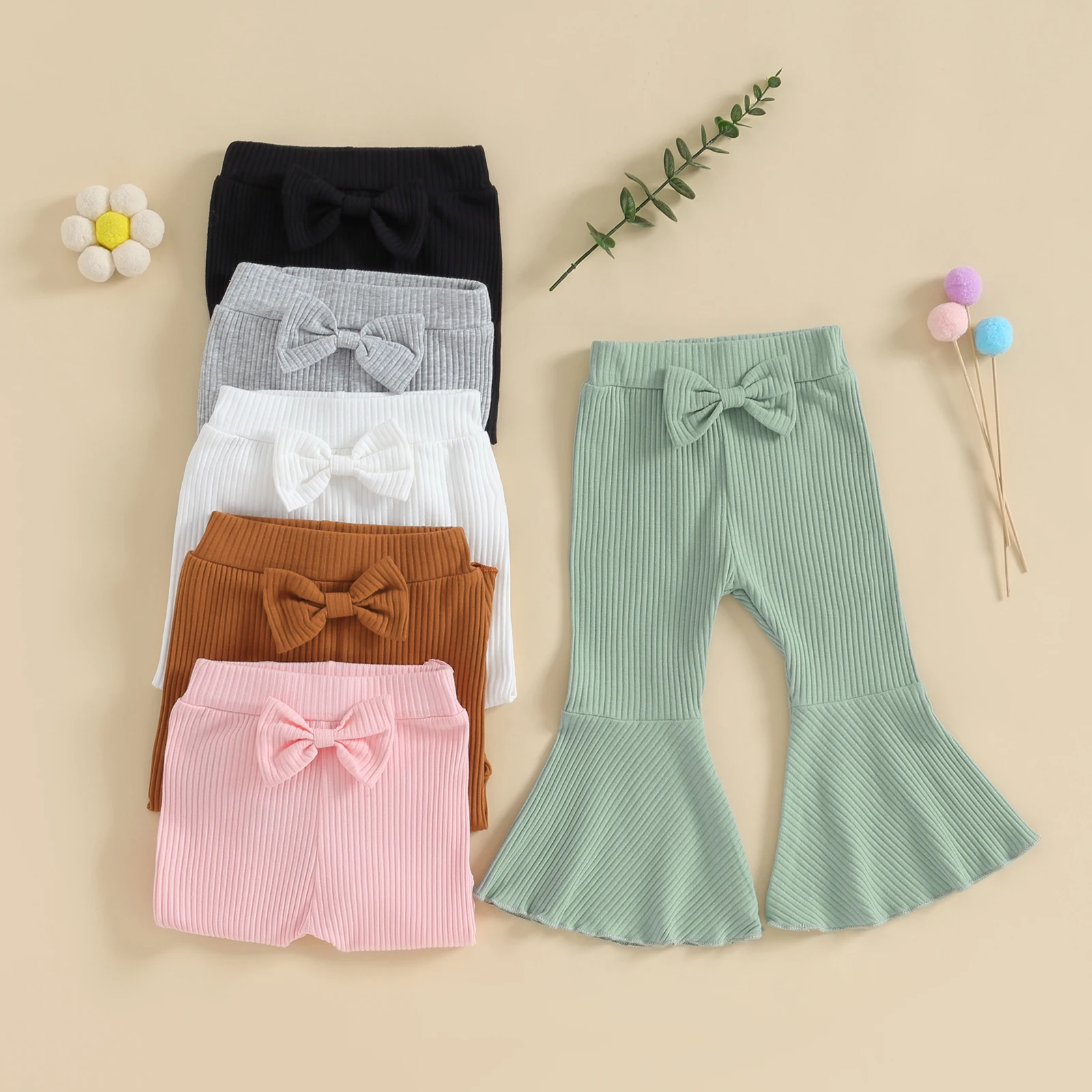 Se0cafd1ac1d64776937fb337713f0284p Cute Kids Baby Girls Flare Pants Soft Cotton Solid Color Ribbed Elastic Toddler Bell Bottoms Trousers Bow Ruffle Pants for Child
