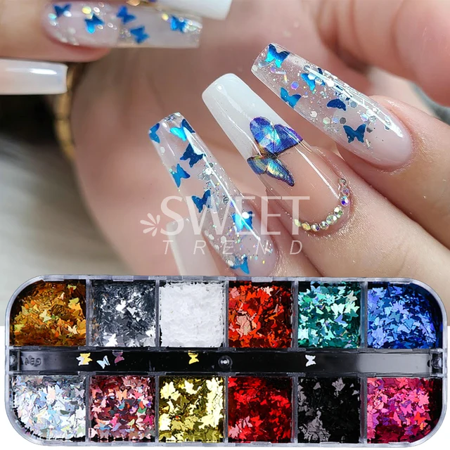 Bcloud Butterfly Holographic Flakes Nail Glitter Sequins Decor Manicure Tips Slices, Mix Color