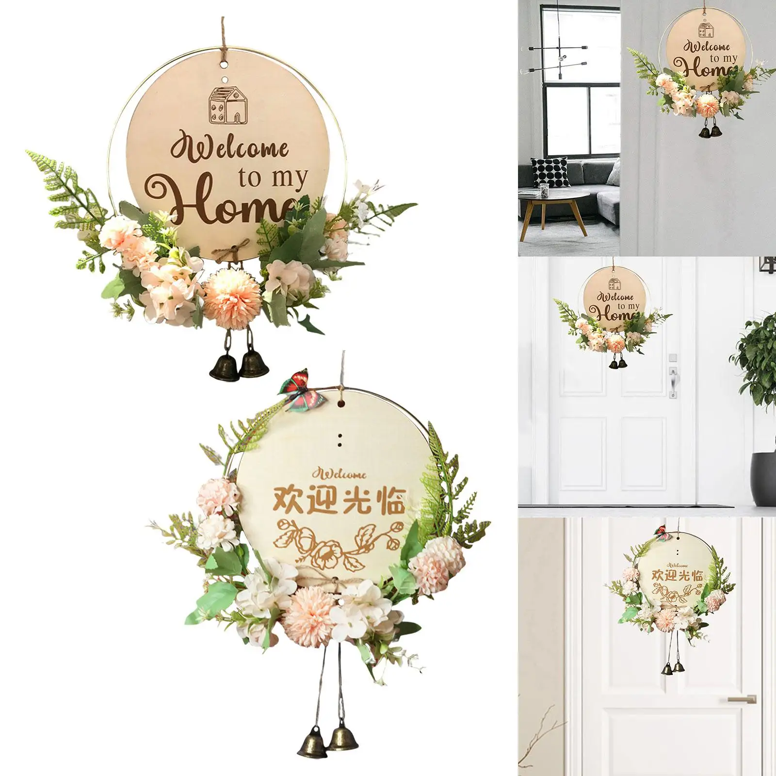 Welcome Sign Wreath Wooden Sign Round Artificial Flower Wreath for Fireplace Easter