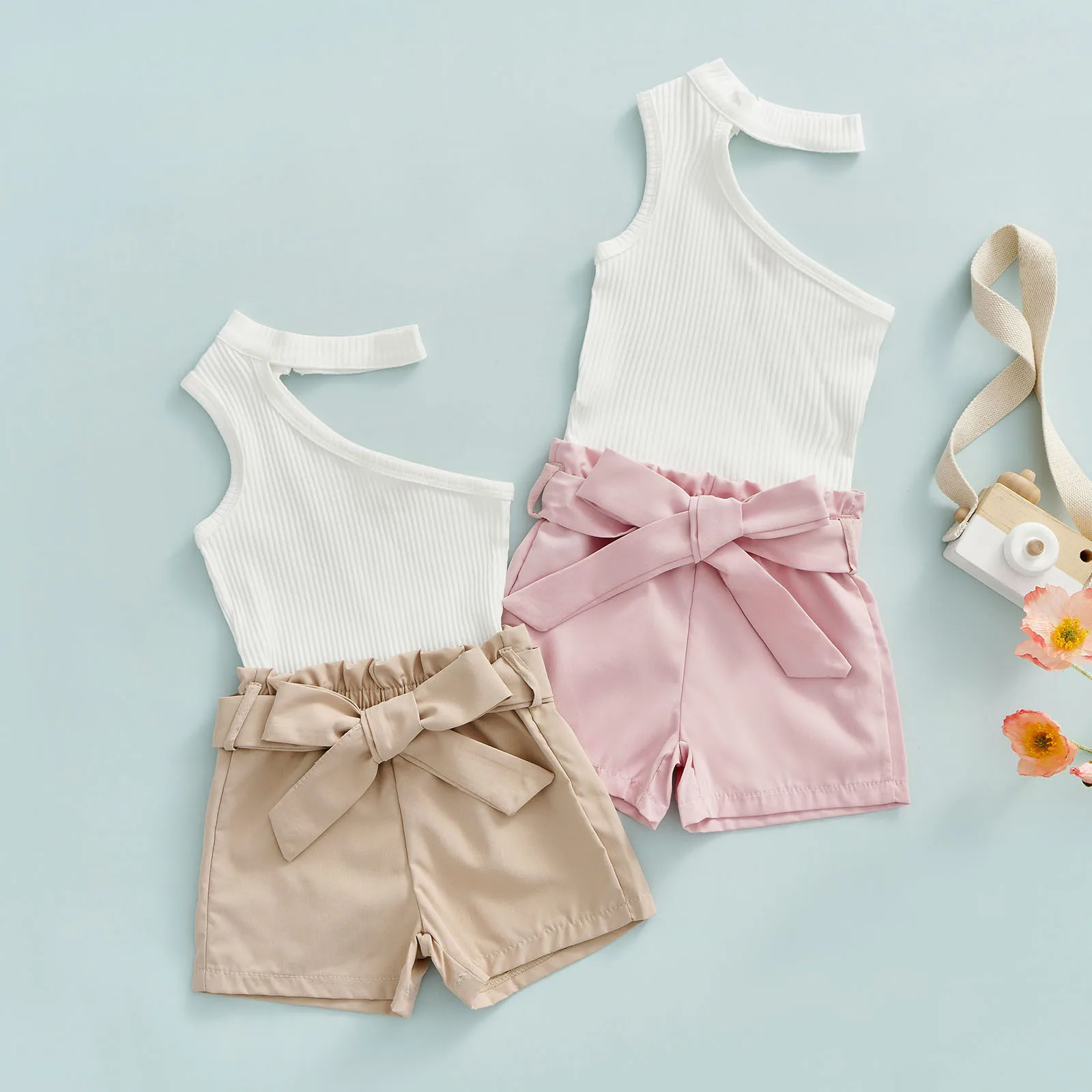 ma&baby 6M-4Y Summer Toddler Infant Kid Baby Girls Clothes Set One Shoulder Knitted Crop Tops Bow Shorts Fashion Summer Outfits Baby Clothing Set medium