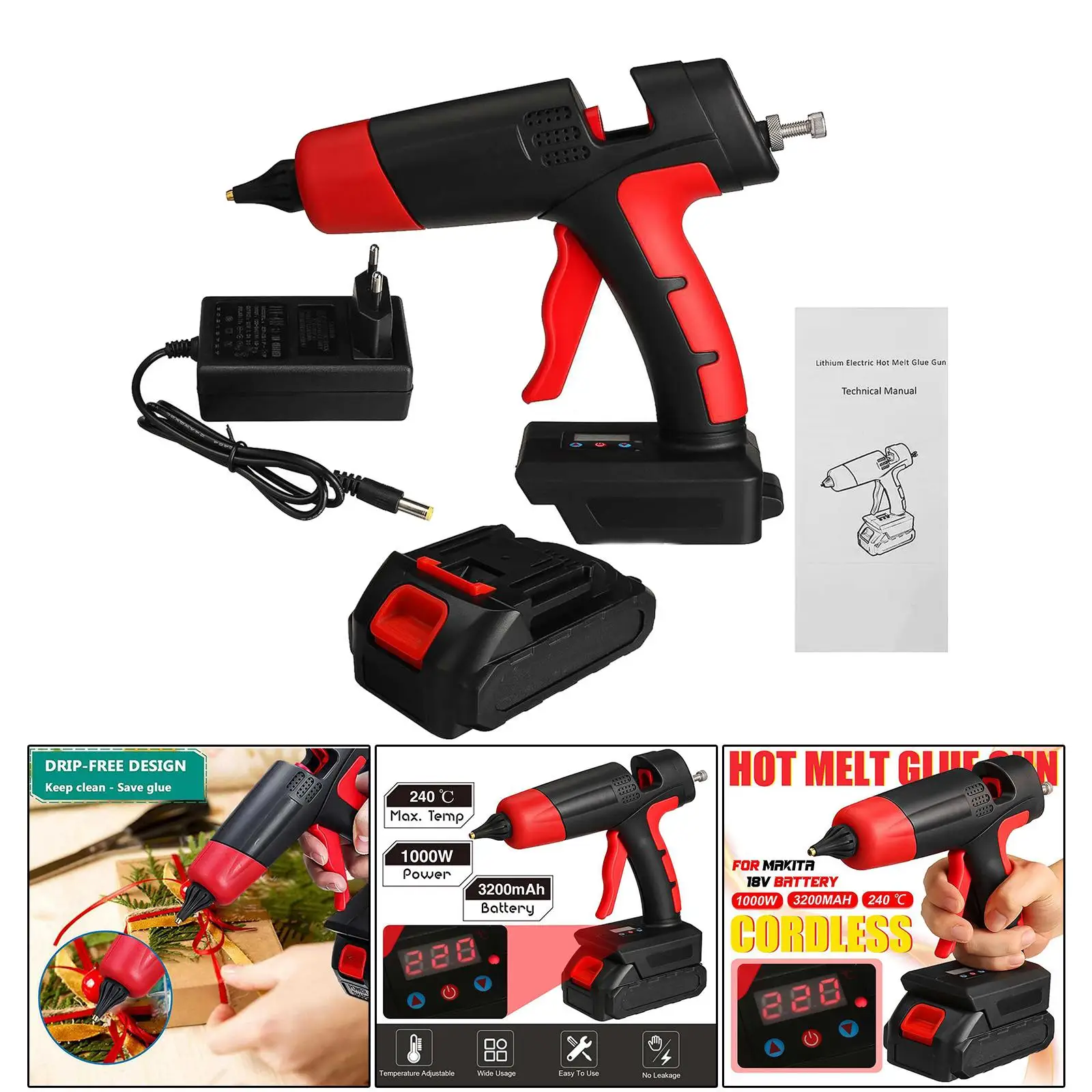 1000W Hot Melt Glue  Temperature Adjustable Rechargeable Digital Display Heavy Duty Cordless Hot Glue  for Home DIY Crafts