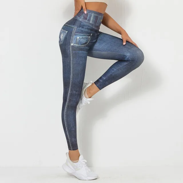 Women's Denim Print Fake Jeans Look Like Leggings Sexy Stretchy High Waist  Slim Skinny Waist Trainer Leggings