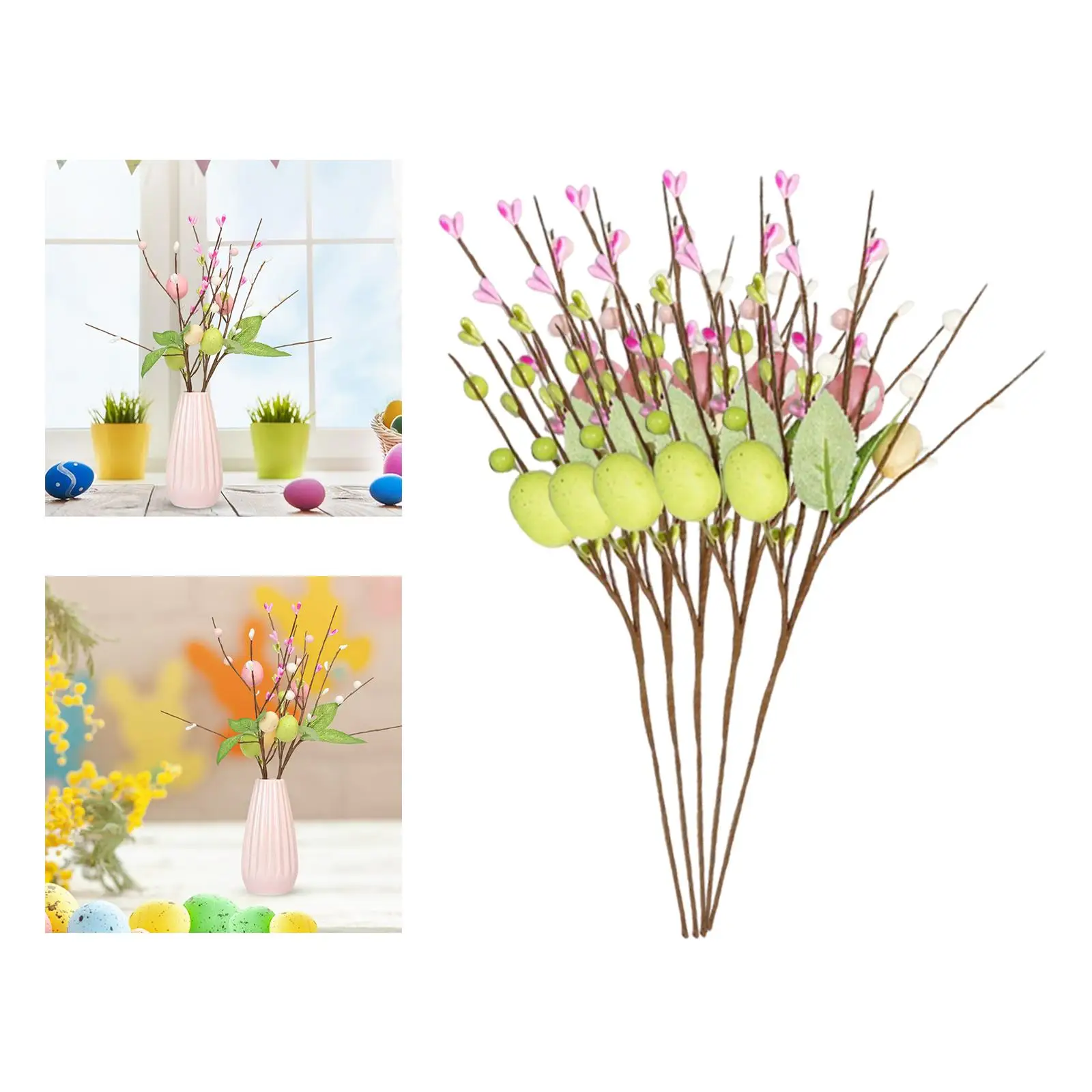 5Pcs Artificial Easter Stems Floral Arrangement Art Decor with Pastel Easter Eggs Easter Spray for Office Living Room Garland
