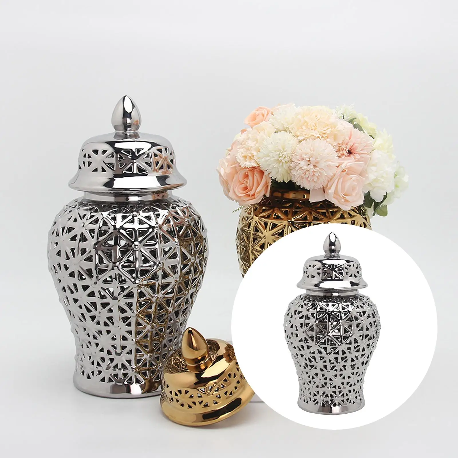 Traditional Ceramic Ginger Jar with Lid for Countertop Table Decoration