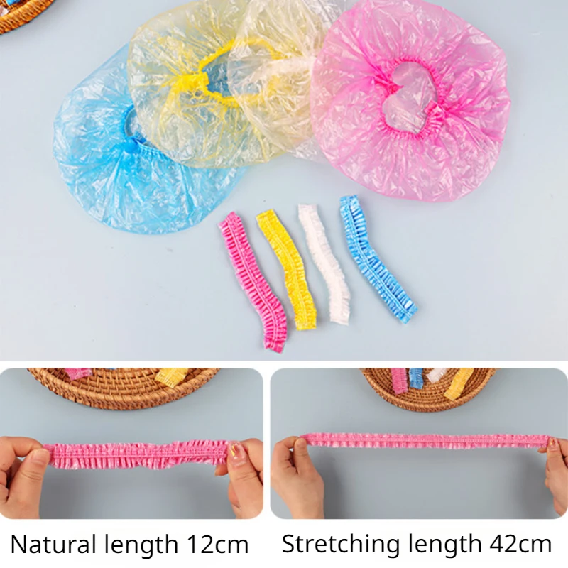 Description Picture 6 of item50/100 Pieces Shower Cap Bathroom Accessories Transparent Waterproof Shoe Covers For Bath Household Elastic Storage Bag Products