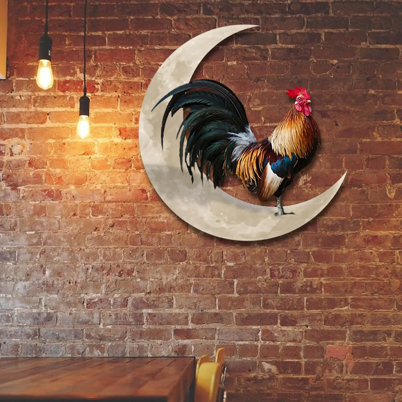 Creative Rooster Moon Metal Wall Art Pendant Ornament Sculpture Artwork for Yard Living Room Bedroom Outdoor Indoor Decor