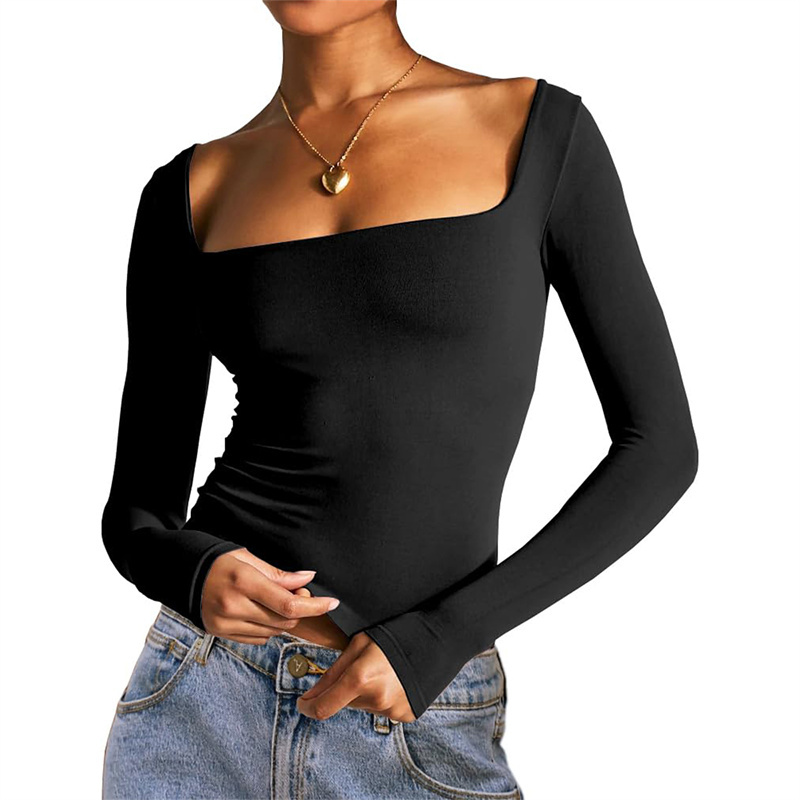 Ootddress Square Collar Crop Top y2k Clothes Women Solid Color Long Sleeve T Shirt Basic Slim Fit Tees 2000s Clothing Streetwear