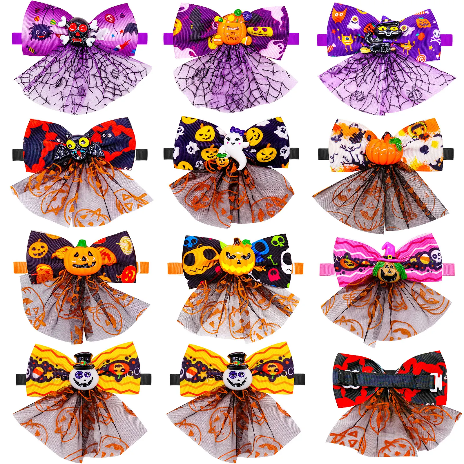 Una colección de moños con temática de Halloween. Estos lazos presentan varios diseños festivos y espeluznantes, que incluyen calabazas, fantasmas, esqueletos y otros motivos de Halloween. Los colores son predominantemente naranja, negro y morado, que son colores tradicionales asociados con Halloween.