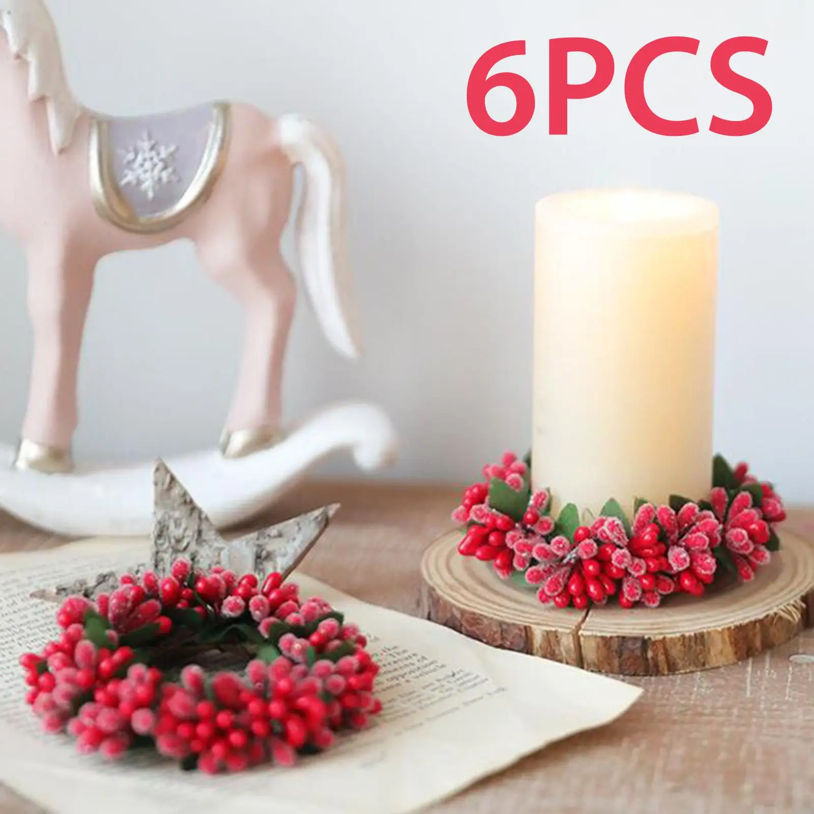 6x Red Berries Candle Ring Wreath Ornament Decorative Candle Holder Greenery Wreath for Home Tabletop Dinner Party Decorations