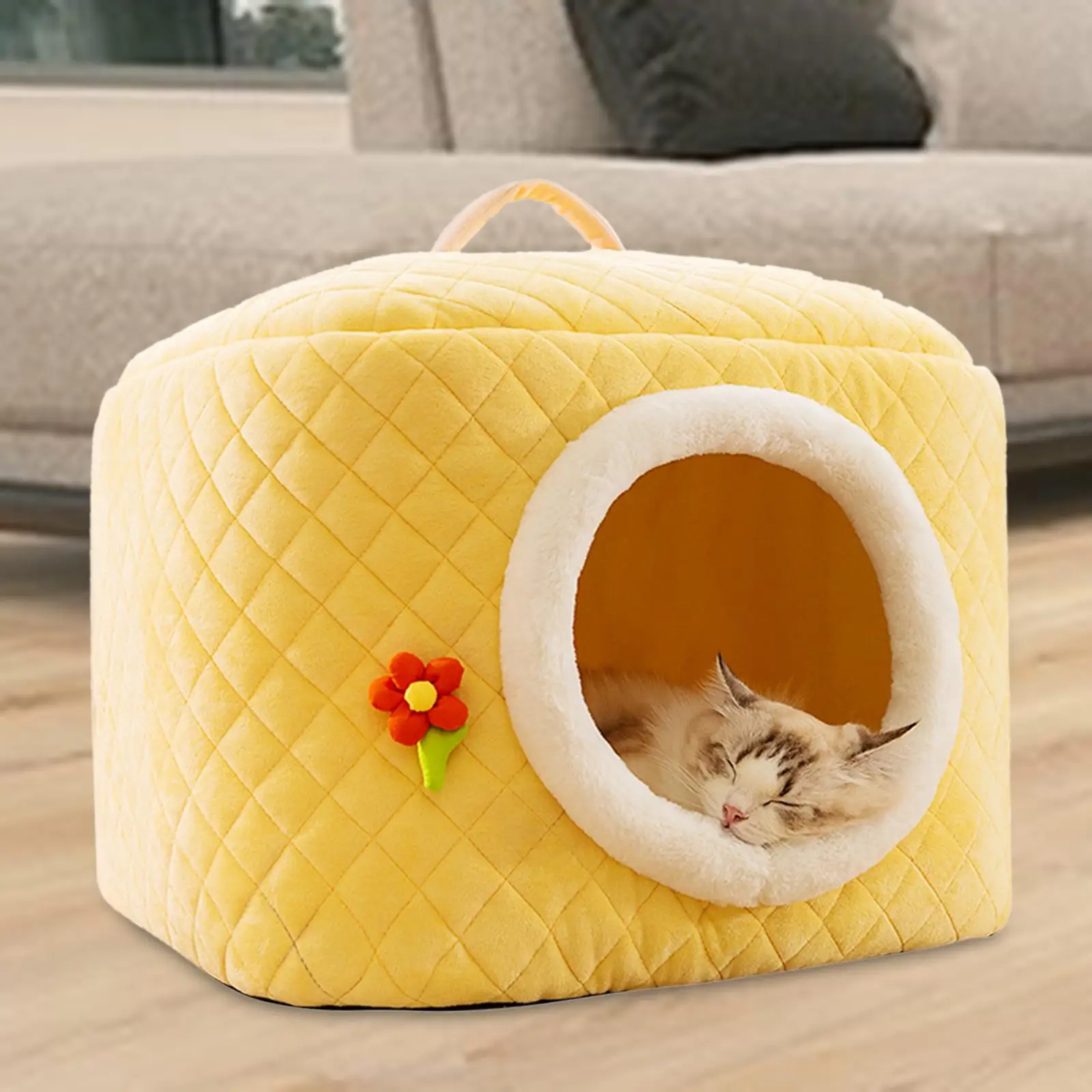 Cat Bed Cave Sleeping Soft Indoor Cats Potable with Handle Calming Cat Nest Pet Sleeping Bed Self Warming for Puppy Dog Kitten