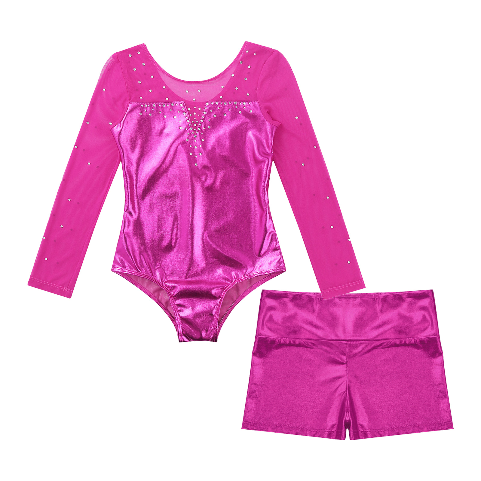 Kinder Mädchen Glitzernde Strasssteine Ballett Tanz Rhythmische Gymnastik Trikot Metallic Langarm Eiskunstlauf Overall mit Shorts – Detail 20