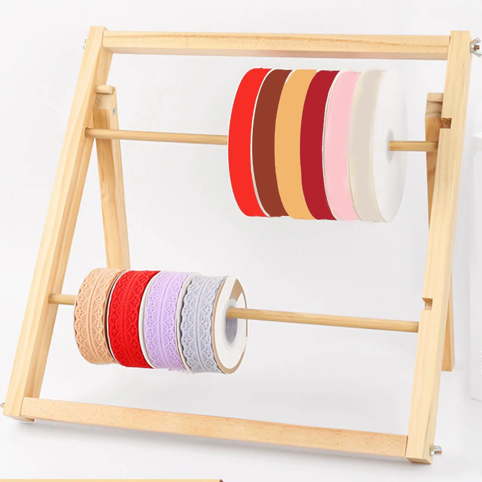 Wooden Ribbon Rack 2 Tier Decor Organizer Easy to Use Durable DIY Craft for Tabletop Braiding Hair Sewing Thread Spool Home