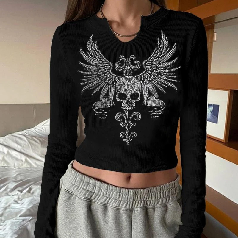 E-girl Gothic Skull Wing Pattern T Shirt Knitted Ribbed O-Neck Long Sleeve Tees Y2K Dark Academia Grunge Mall Goth Crop Tops