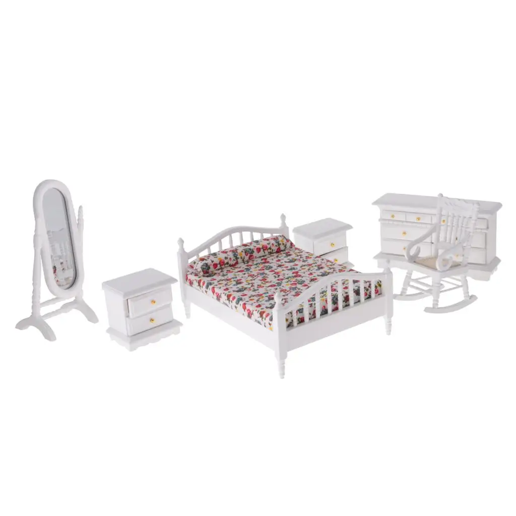 6 Pieces Dollhouse Miniature Furniture Set with Floral Bed Mirror Bedside Table and Dresser /12 Doll  Decor