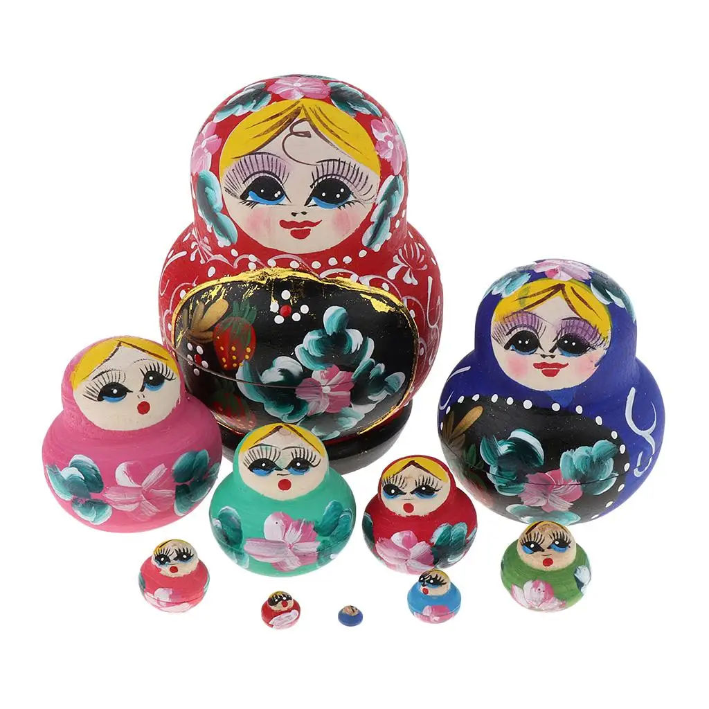 10 Pieces Hand Painted Flower Girl Russian Nesting Doll Wooden  Matryoshka Stacking  Office Decor