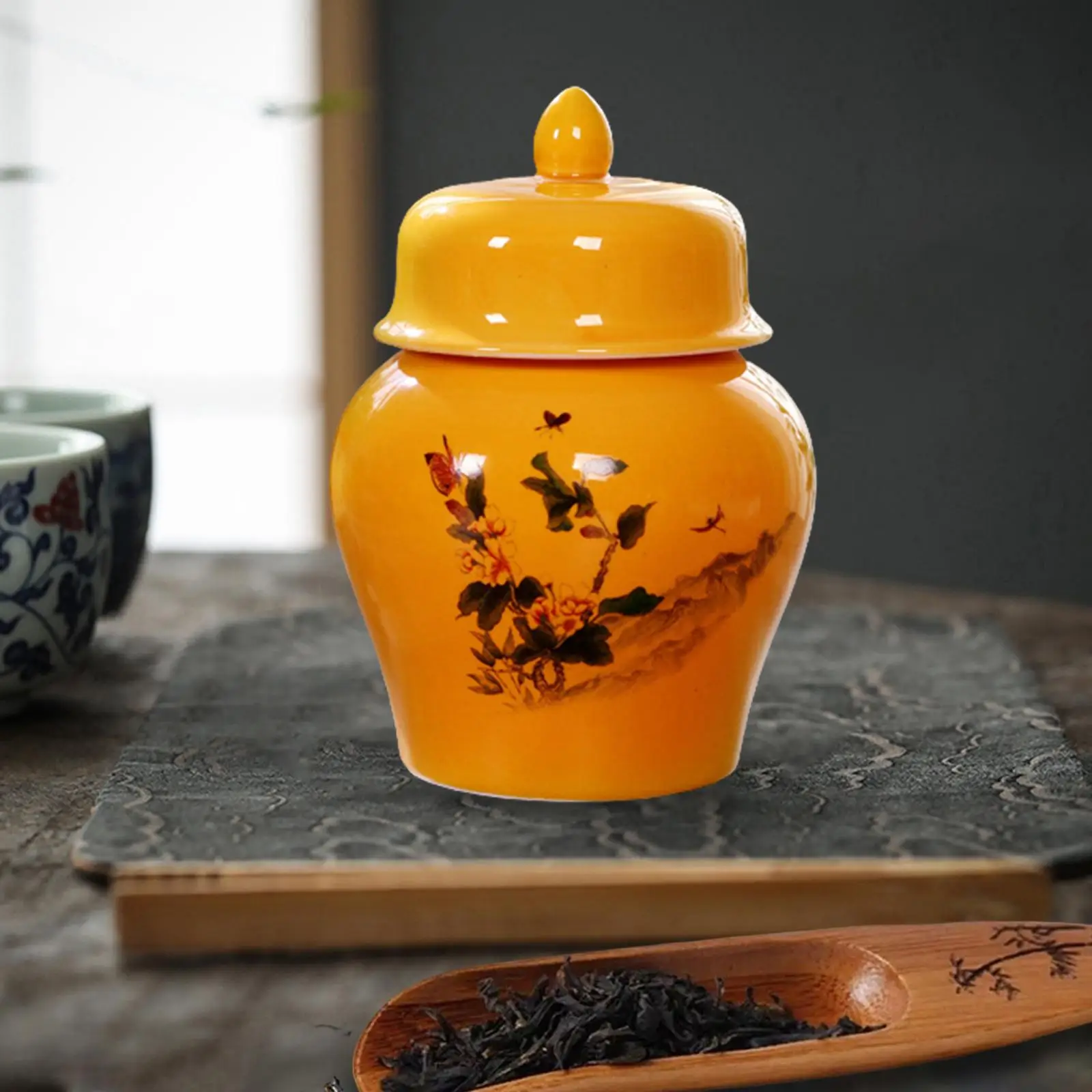 Ceramic Tea Canister Can Desk Storage Pots Porcelain Ginger Jar Temple Jar for Office Party Dining Table Sugar Coffee Loose Tea