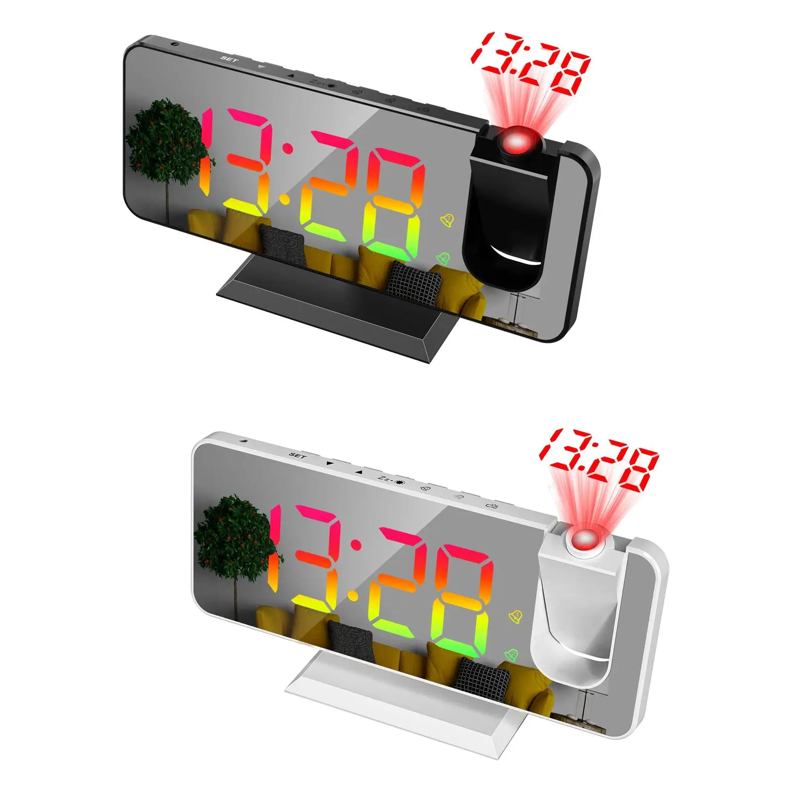 180 Rotation Projection Alarm Clock Colorful LED Digital Bedside Desktop Clock USB Powered Snooze 12/24H Large Screen Mirrored