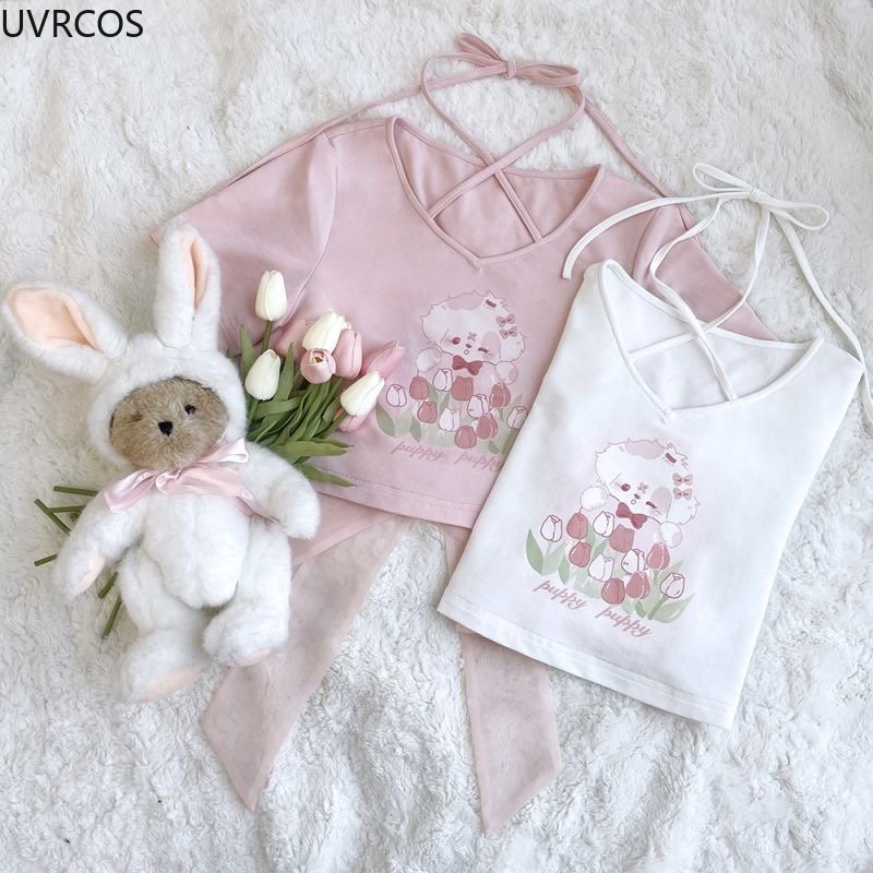 Kawaii Dog Print Cartoon Lolita T-Shirts Japanese Sweet Grils Pink Bow Bandage Cute Crop Tops Summer Y2k Tees Aesthetic Clothes