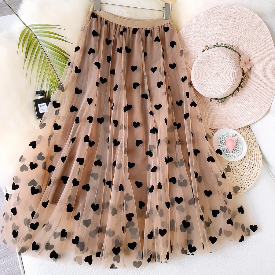 Vintage High Waist Love Heart Print Tulle Skirt A-line Mesh Tutu Skirts Womens 2022 Spring Summer black midi skirt