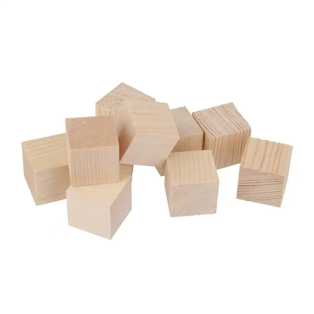 12 Pieces Natural Wooden Shapes Unfinished Cubes Blocks Embellishments for Craft 50mm 40mm