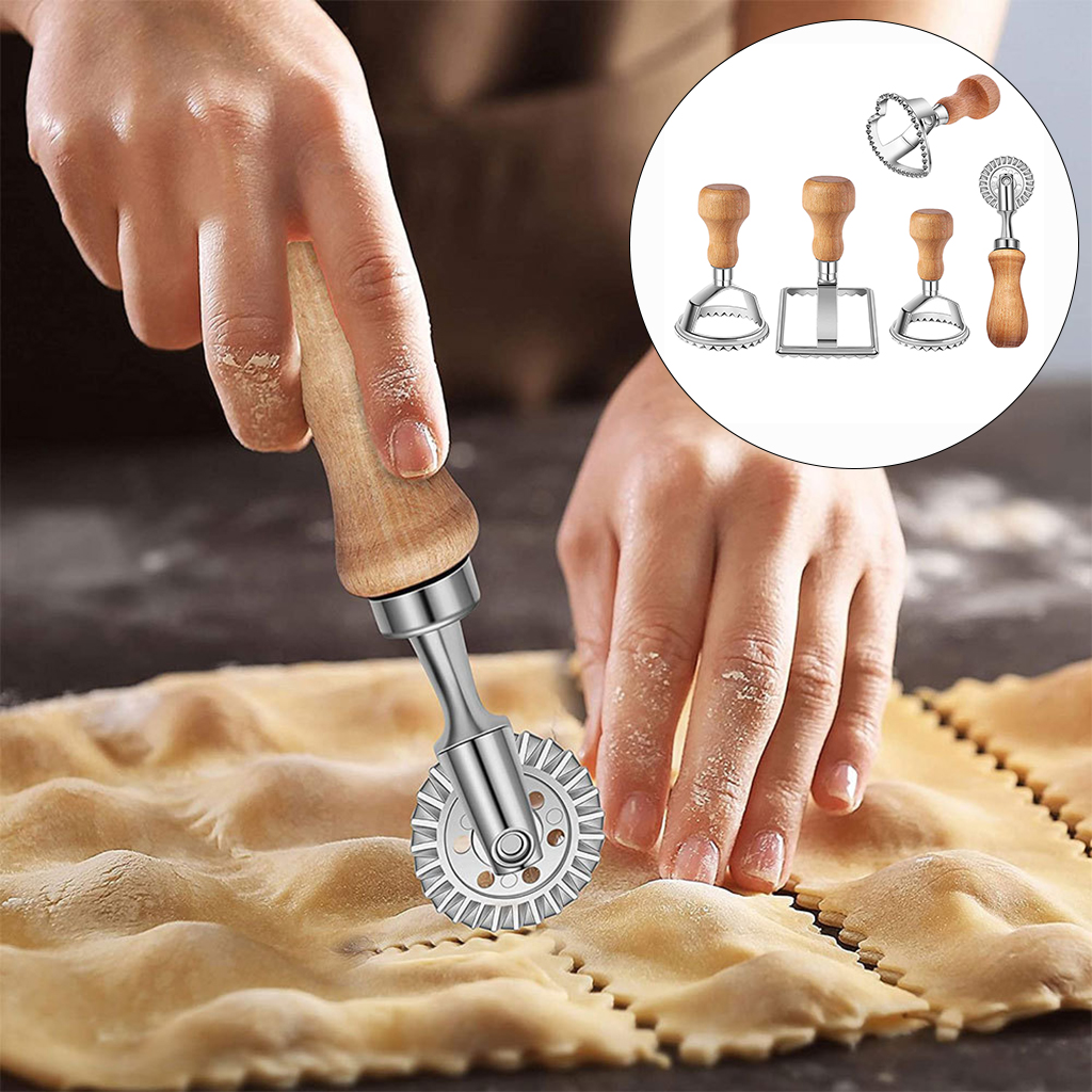 5pcs Ravioli Cutter Stamp Set Maker Cutter with Wooden Handle