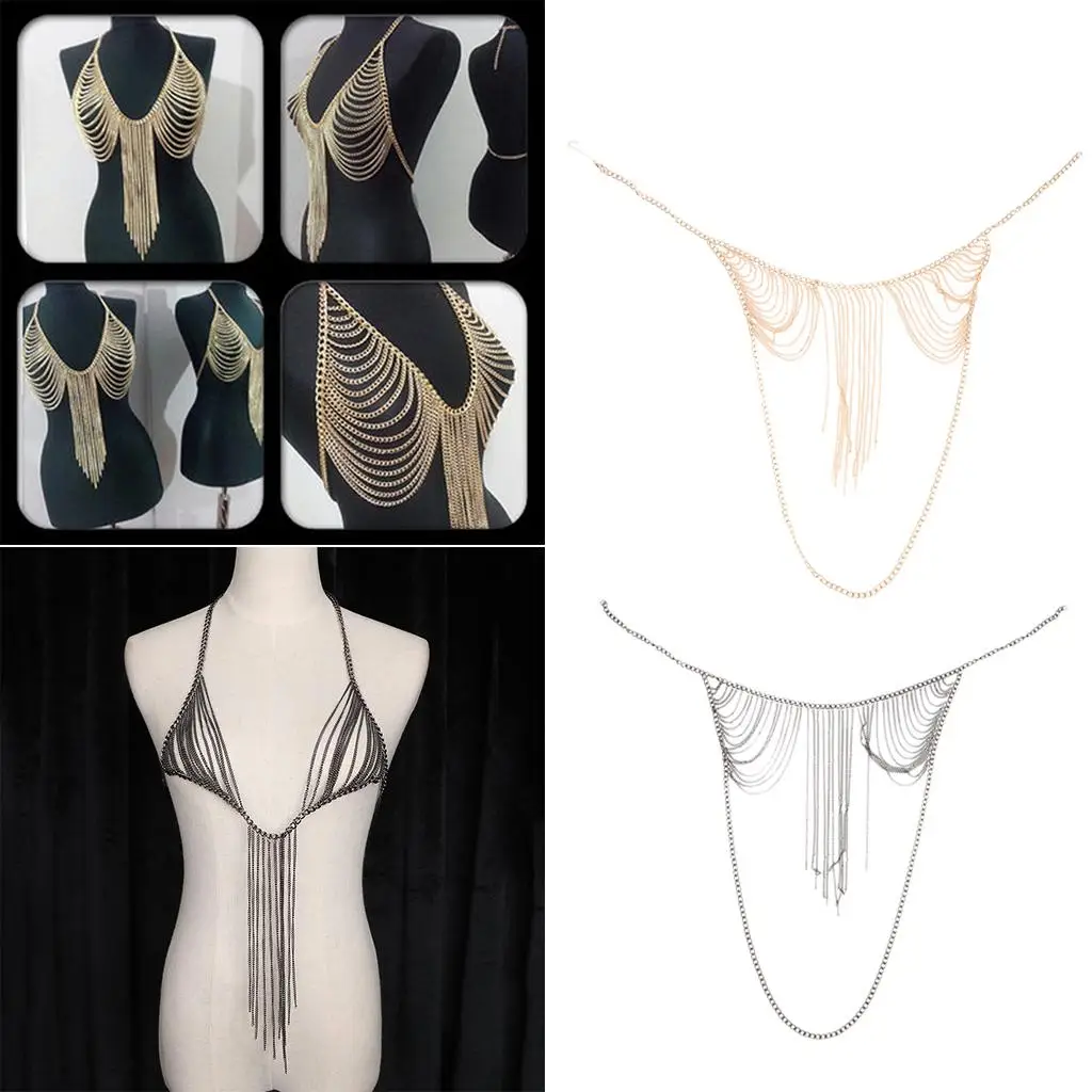 Fashion Halter Backless  Metal Bra Body Chain Alloy Tassels Bikini Jewelry for Women Lady,  Gold