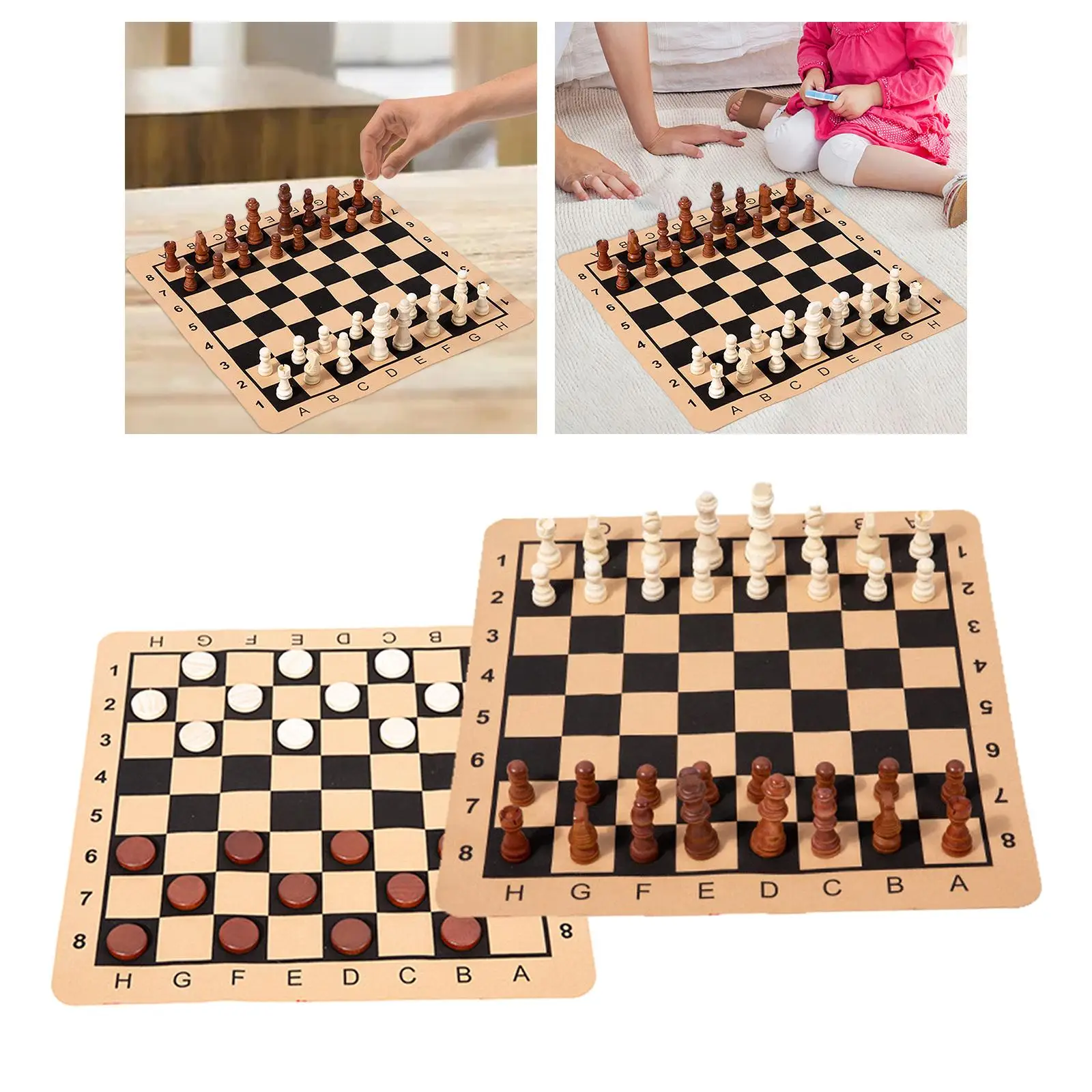 Portable Chess & Checkers Set Wooden Chess Pieces with Felt Bottom for Party