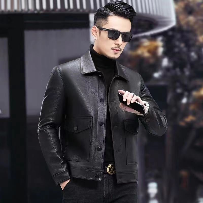 Description Picture 2 of item2023 Autumn Men Fashion Real Sheepskin Leather Jackets Male Slim Single Breasted Coats Men Short Genuine Leather Outerwear F296