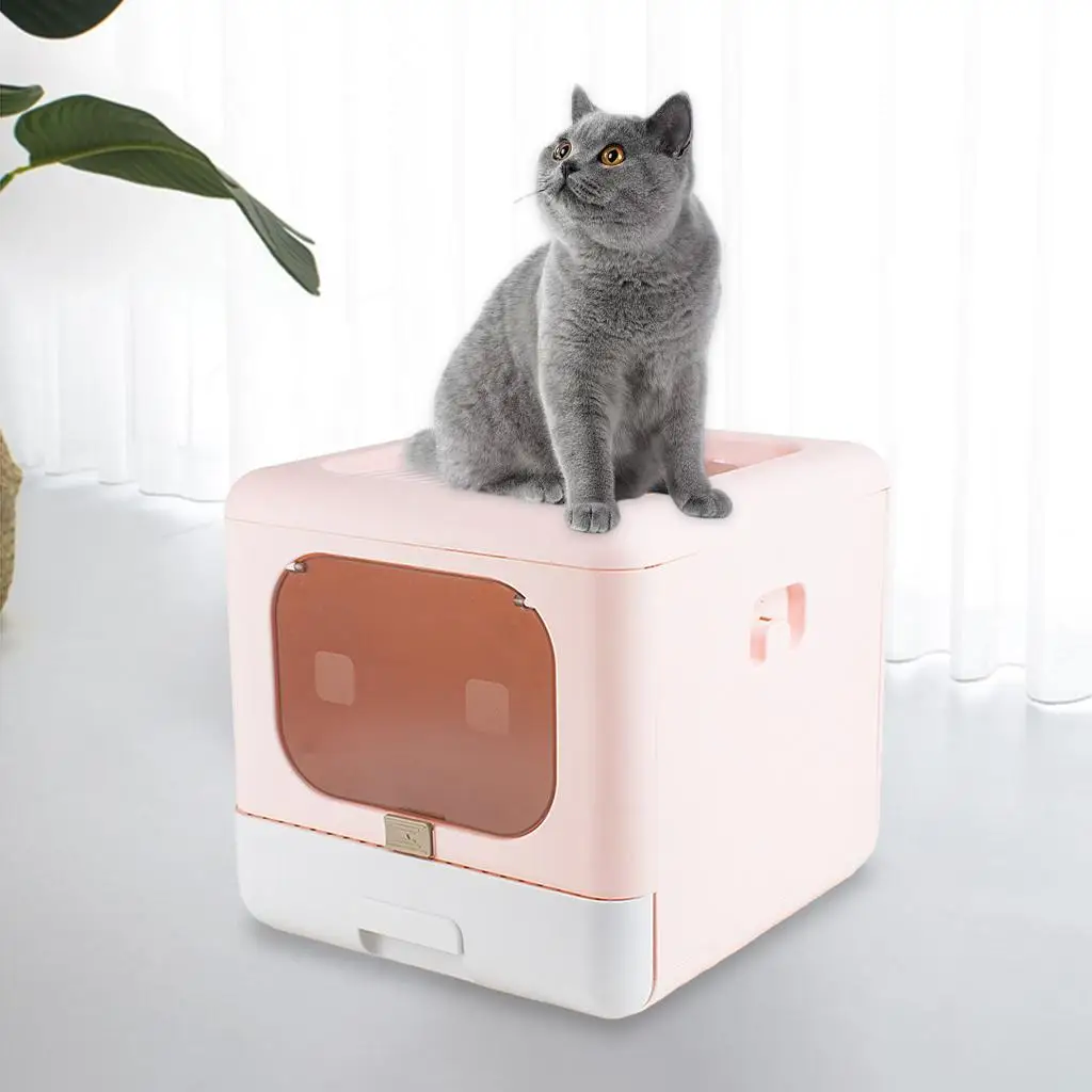 Portable Cat Litter Box with Lid Foldable Cats Litter Tray with Top Entry Pet Toilet with Scoop Large Inside Room for Kitten