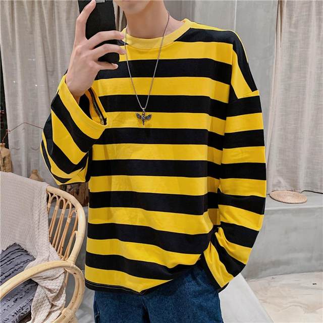 Striped Long Sleeve T-Shirt Men's Korean Style Contrast