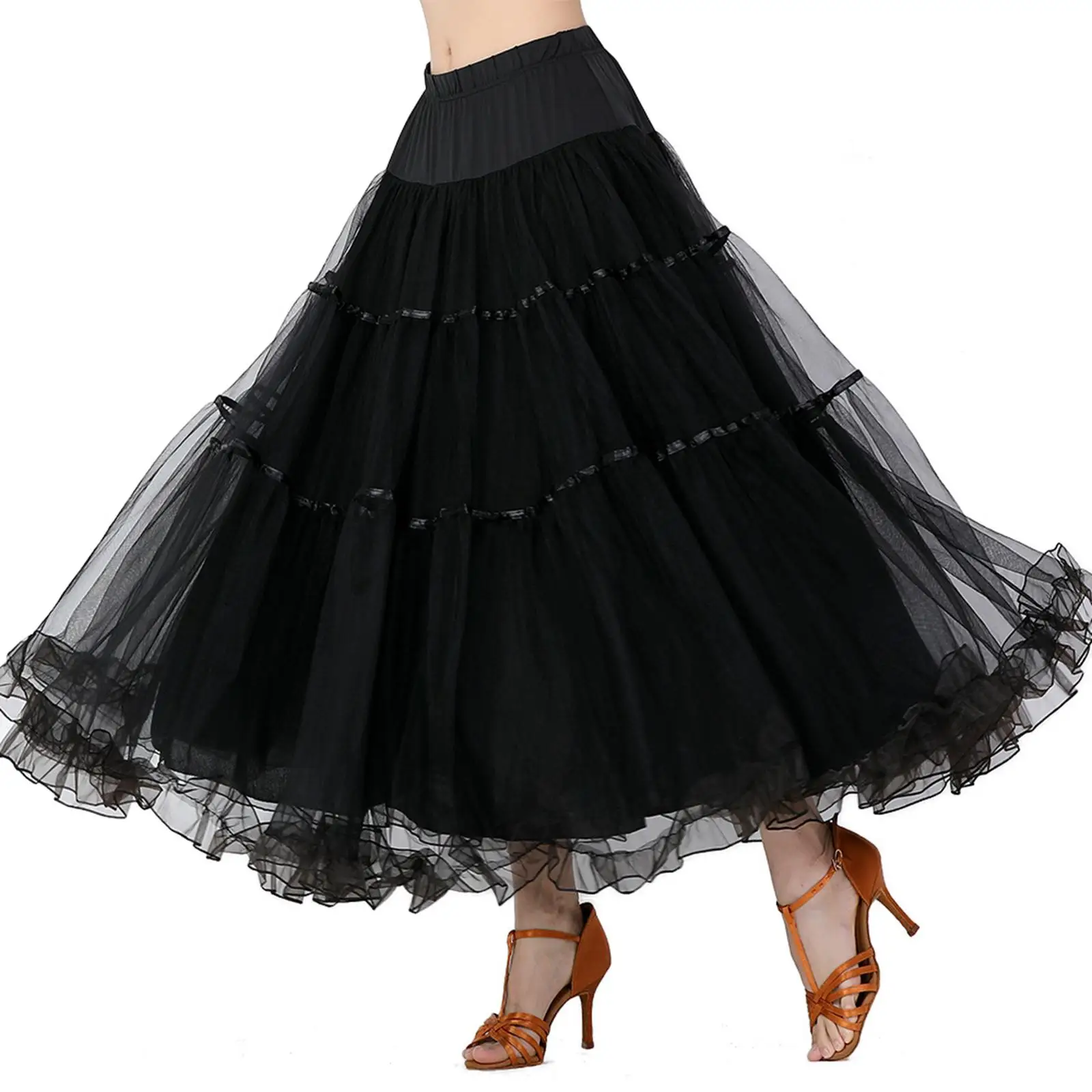 Elegant Ballroom Dance Skirt Long Swing Tiered Skirts Flamenco Waltz Adults