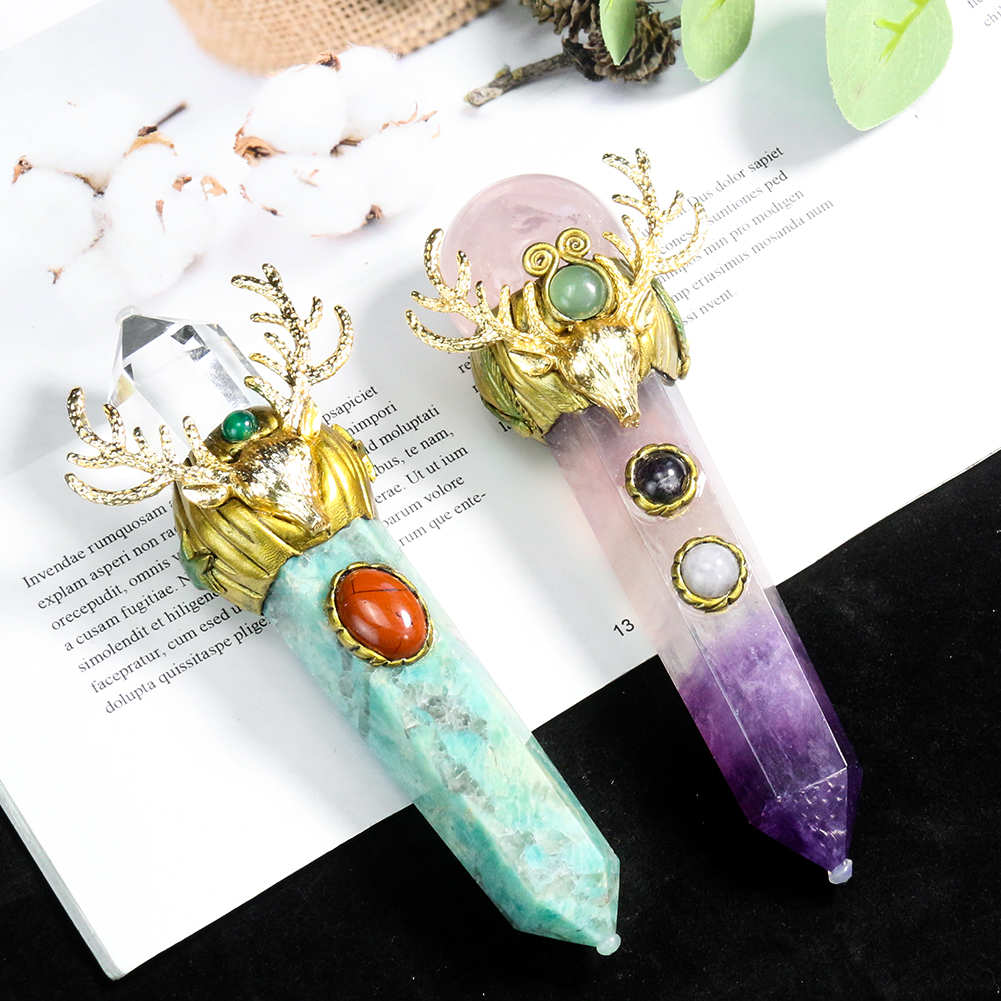 1PC Handgemachte Retro Kristall Sechseckige Säule Herkimer Diamant Elch Kopf Mitarbeiter Hause Desktop Decor Aktivitäten Cosply Hand-gehalten Mitarbeiter – Detail 4