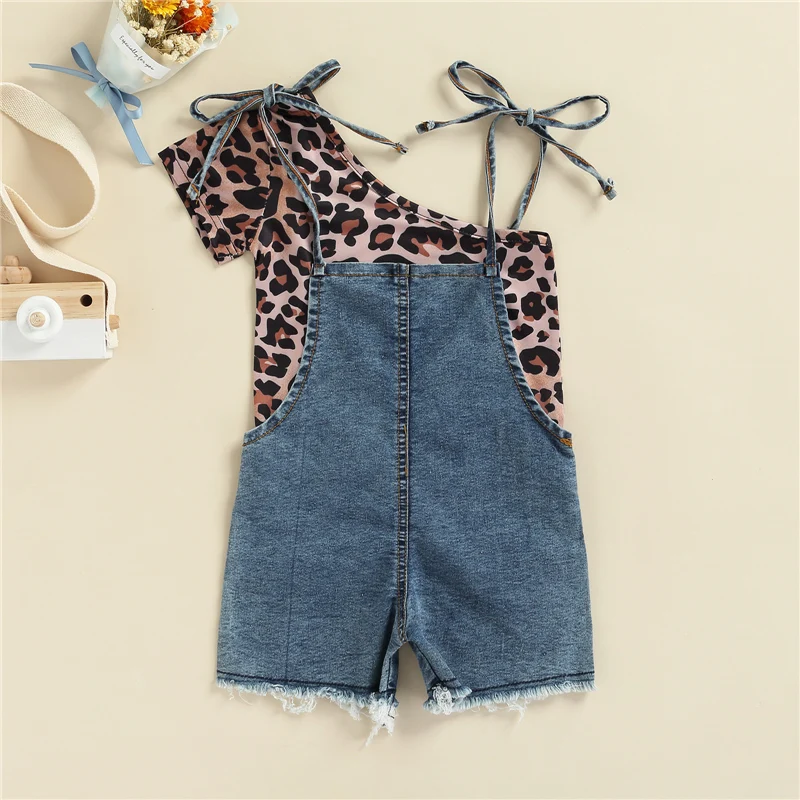 Girls Summer 2Pcs Outfit Sets One Shoulder Leopard Print Tops + Blue Denim Suspender Shorts vintage Baby Clothing Set