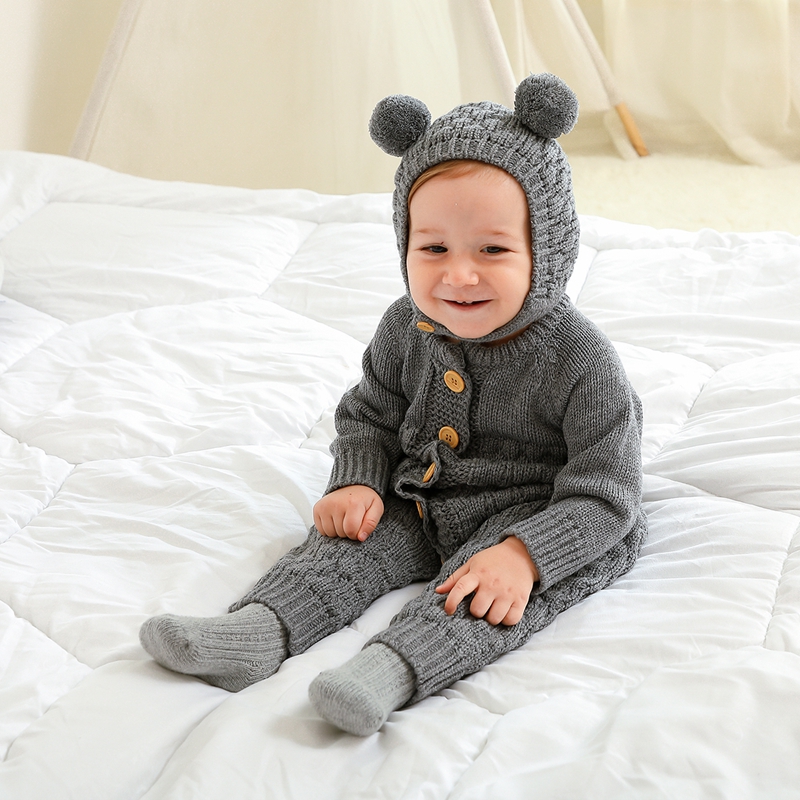 Infant Neugeborenen Baby 2PCS Winter Warme Outfits, Lange Ärmel Einfarbig Gestrickte Romper + Bär Hut Set – Detail 9