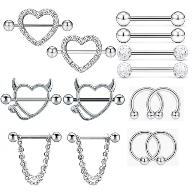 1Pcs Love Heart Nipple Piercing Crystal Stainless Steel Sexy Nipple Ring  Nails Barbell Body Piercing Jewelry Chest Decor Party