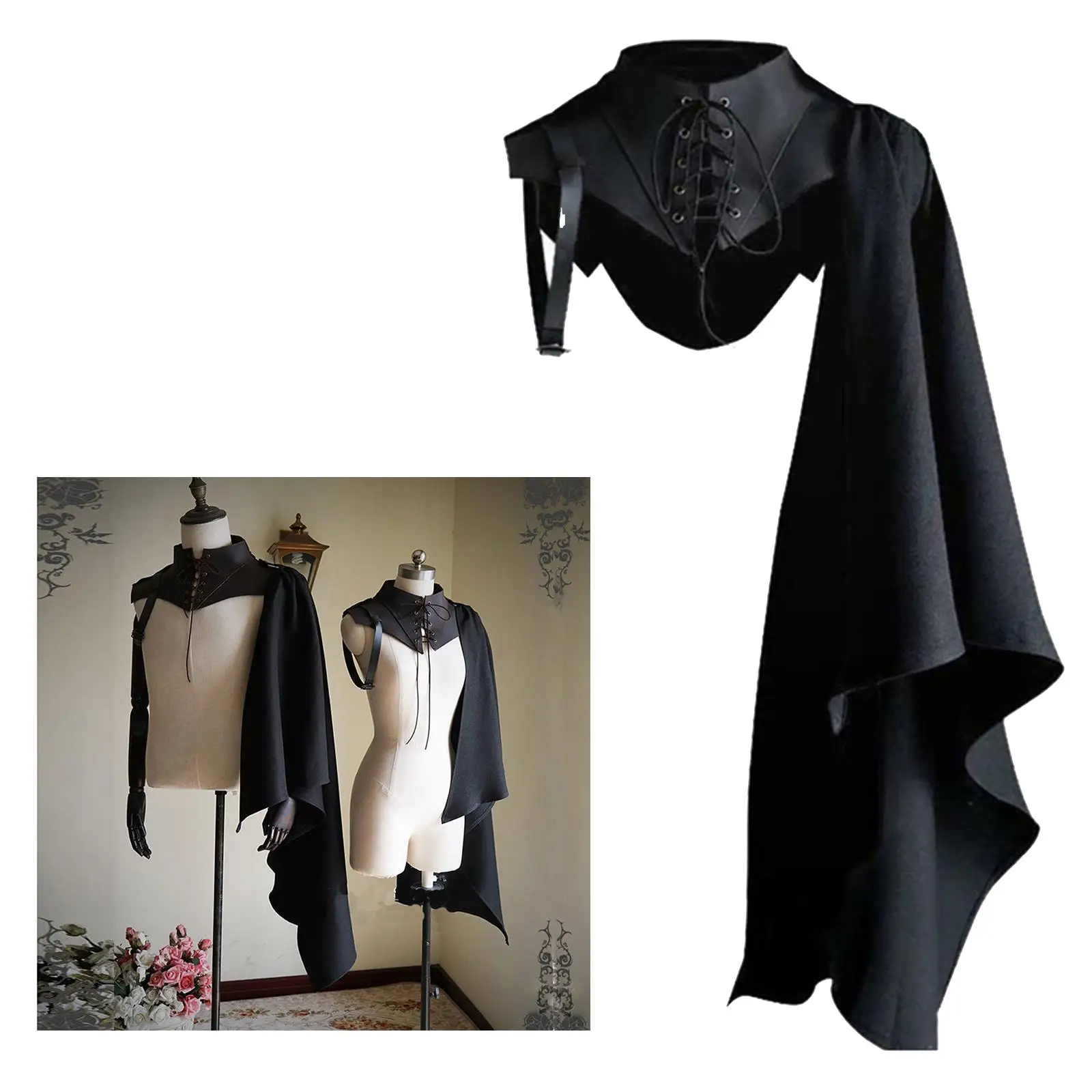 Women Men Accessories Uniform Elastic Neckline Cloak Gothic Clothing Costume Punk Medieval Armor Black Cloak for Party Halloween
